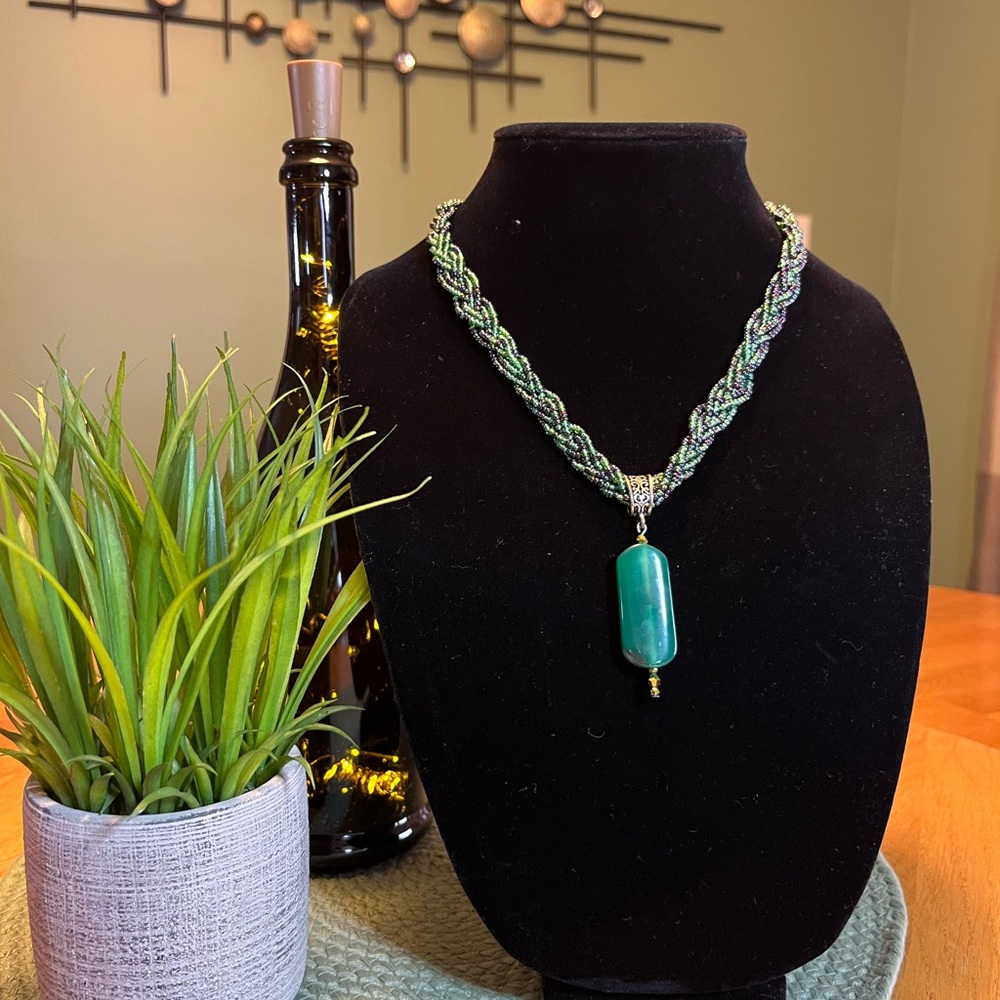 Green Bohemian Statement Necklace with Pendant